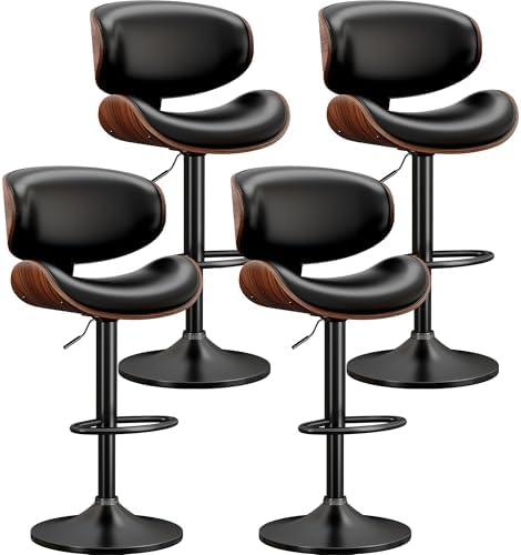 YaFiti Bar Stools Set of 4, Bentwood Adjustable Height Swivel Bar Stools, PU Leather Upholstered Bar Chair with Back and Footrest for Bar, Kitchen, Dining Room, Black