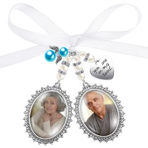 Hicarer Wedding Bouquet Charm for Wedding Memory Lacy Oval Bride Memorial Angel Photo Charm You Are Always in My Heart for Bridal Party (Double Pendant Style)
