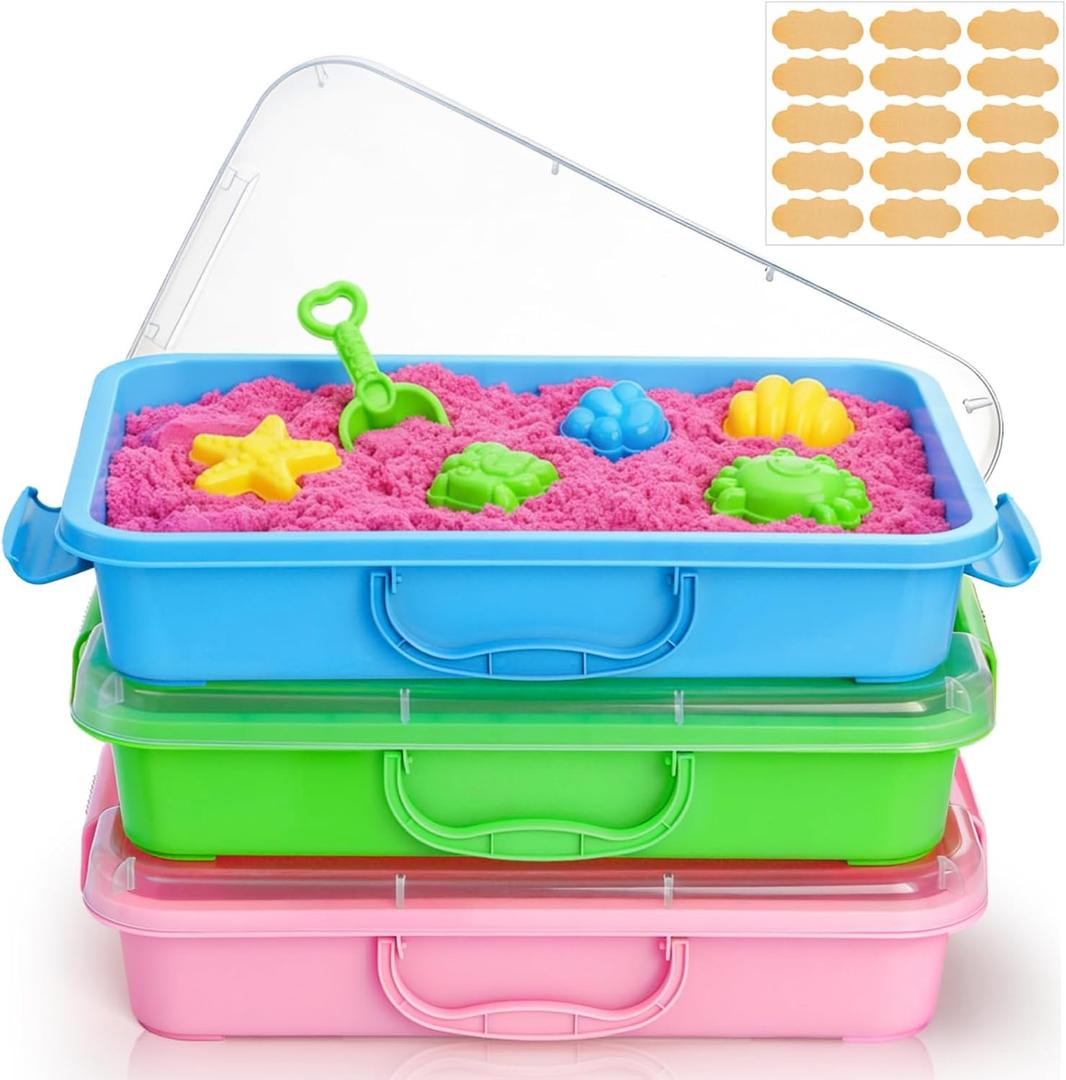 3 Pack Plastic Sensory Bins, Portable Clear Lid Sandbox Container with Handle 15 Stickers, Large Sand Water Play Tray Crafts Organizers for Sand, Water, Beads (Blue, Green, Pink)