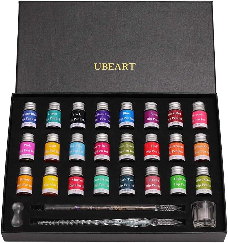 Glass Dip Pen Set,28 Pieces Calligraphy Set Includes 24 Color Inks Cleaning Cup Pen Holder 2 Crystal Glass Pens,Calligraphy Kit Ideas for Birthday Graduation Gifts Beginners (Black Box)