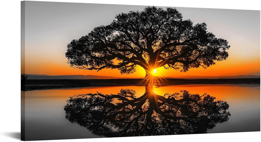 iKNOW FOTO Black and White Oak Tree Canvas Wall Art - 20x40'' Natural Landscape Sunset Reflections, Gallery Wrapped Tree Painting for Living Room Home Decor, Ready to Hang Wall Dcor