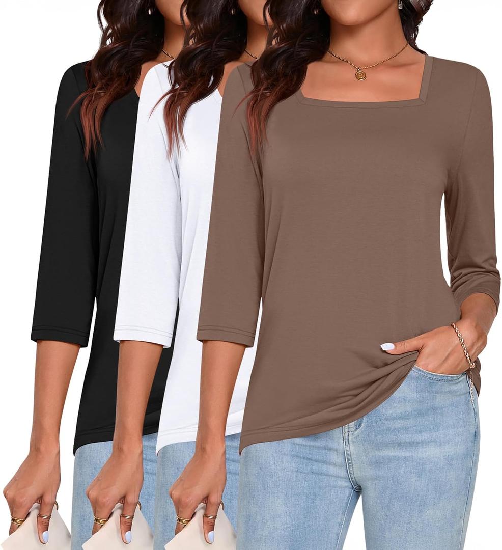 Ficerd 3 Pack 3/4 Sleeve Tops for Women Square Neck Shirts Loose Fit Casual Ladies Blouses Tops Fall Basic Tees(Large, Black, White, Coffee)