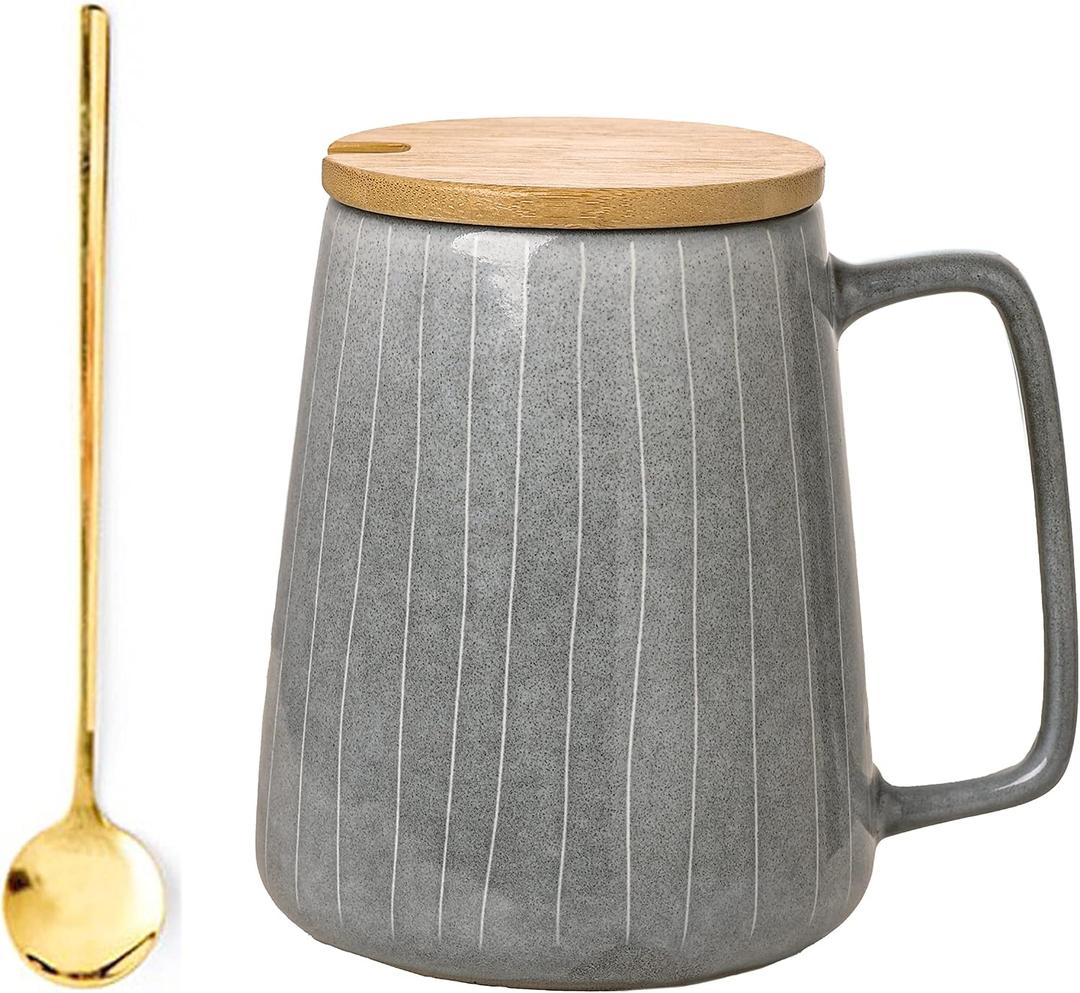 Large Ceramics Coffee Mugs,with Spoon and Wooden Lid,for Coffee,Tea,Cocoa,Large Handle Design,Microwave Dishwasher Safe (Gray Set)