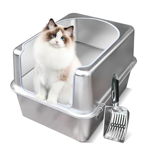 Aothey Stainless Steel Litter Box with Metal Lid and Scoop - Enclosed Metal Litter Box for Large Cats, Rust-Resistant, Odor-Control, Easy to Clean, Durable & Long-Lasting with Round Edge (L)