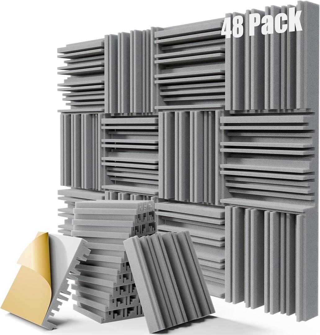 48 Pack Soundproof Wall Panels,12" x 12" x 2" Sound Proof Foam Panels for Walls, Self-Adhesive Acoustic Panels, High-Density Sound Foam for Studio, Home, and Ceilings (Gray)