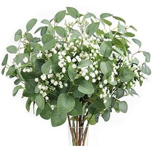 Beferr 5pcs Eucalyptus Stems & 6pcs Babys Breath Artificial Flowers Faux Greenery Bouquets for Wedding Table Centerpiece Home Decor