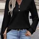 Women's Long Sleeve V Neck Henley Shirts Textured Lightweight Tunic Sweaters Dressy Casual Tops 2025 Fall Blouses (Black, XL)