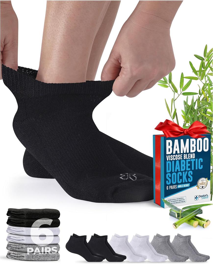 Doctor's Select Viscose Bamboo Ankle Diabetic Socks for Women and Men - 6 Pairs | Super Soft, Non Binding, Loose Wide Top (Large)