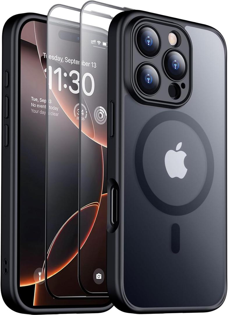 SPIDERCASE Magnetic for iPhone 16 Pro Max Case, Translucent Matte with 2PCS Tempered Glass Screen Protector [Upgraded Full Camera Protection] Anti-Scratch Slim Phone Case Slim Phone Case,Black