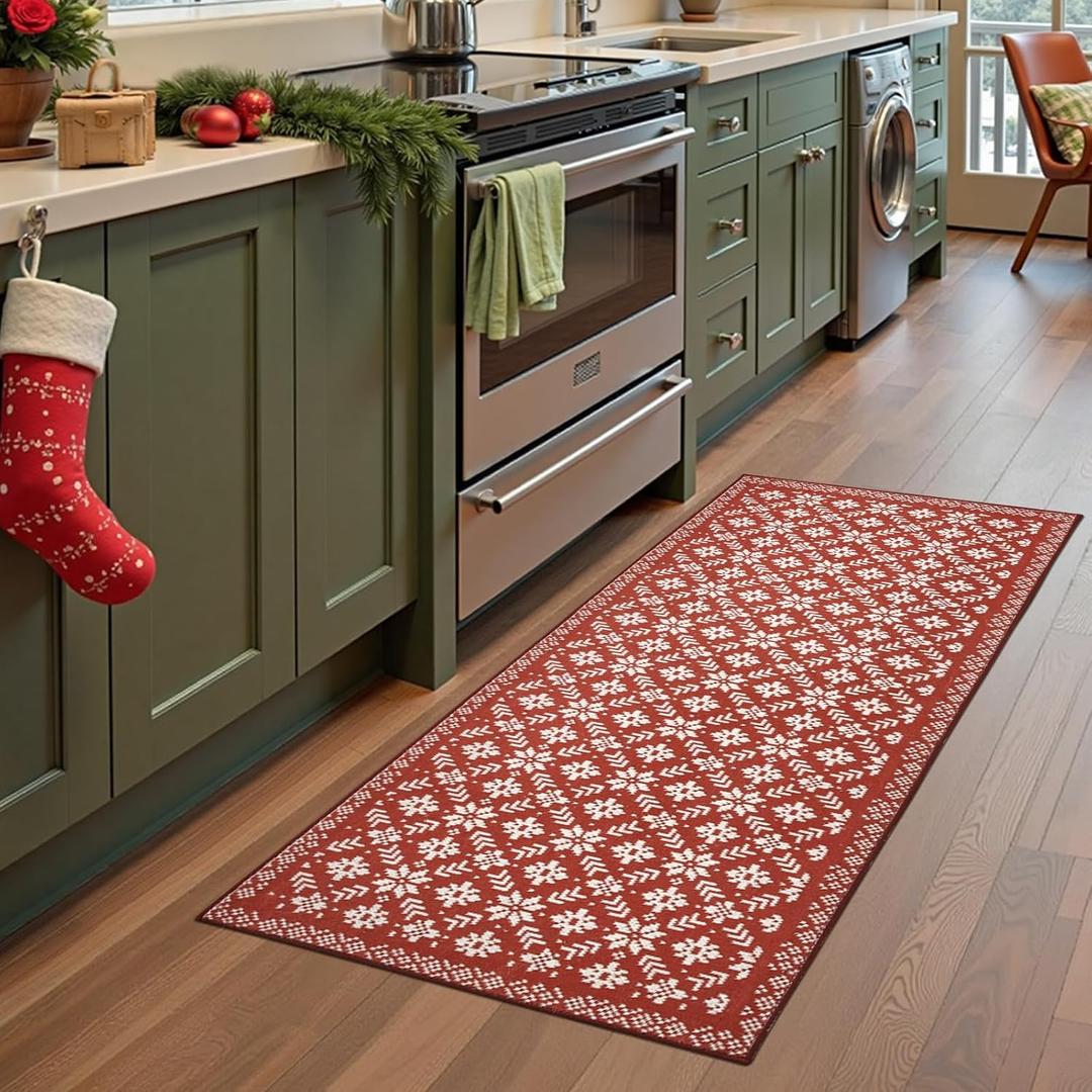 Jinchan Knit Look Christmas Runner Rug 2x5 for Kitchen Red Holiday Rug for Hallway Bathroom Snowflake Printed Xmas Decor Washable Runner for Entryway Laundry Room Bedroom Non-Slip Ivory on Red