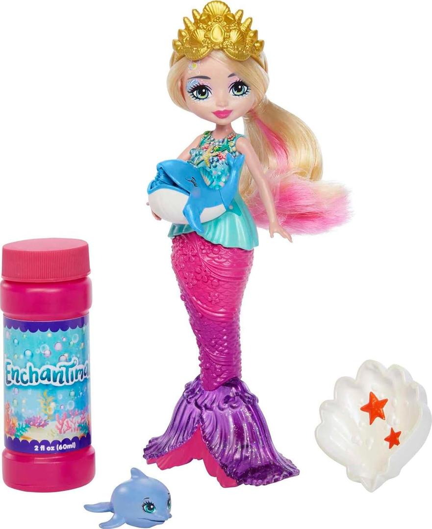 Enchantimals Mermaid Bubble-Maker Doll with Spray Dolphin Animal Figure, Bubble Solution & Tray, Ocean Kingdom Toy Collection