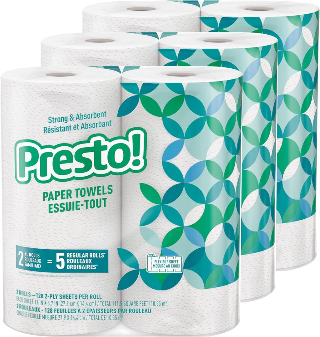 Presto! Paper Towels, 128 Sheet, 6 Rolls | Flex-a-Size | Family Roll | 3 Packs of 2 | White