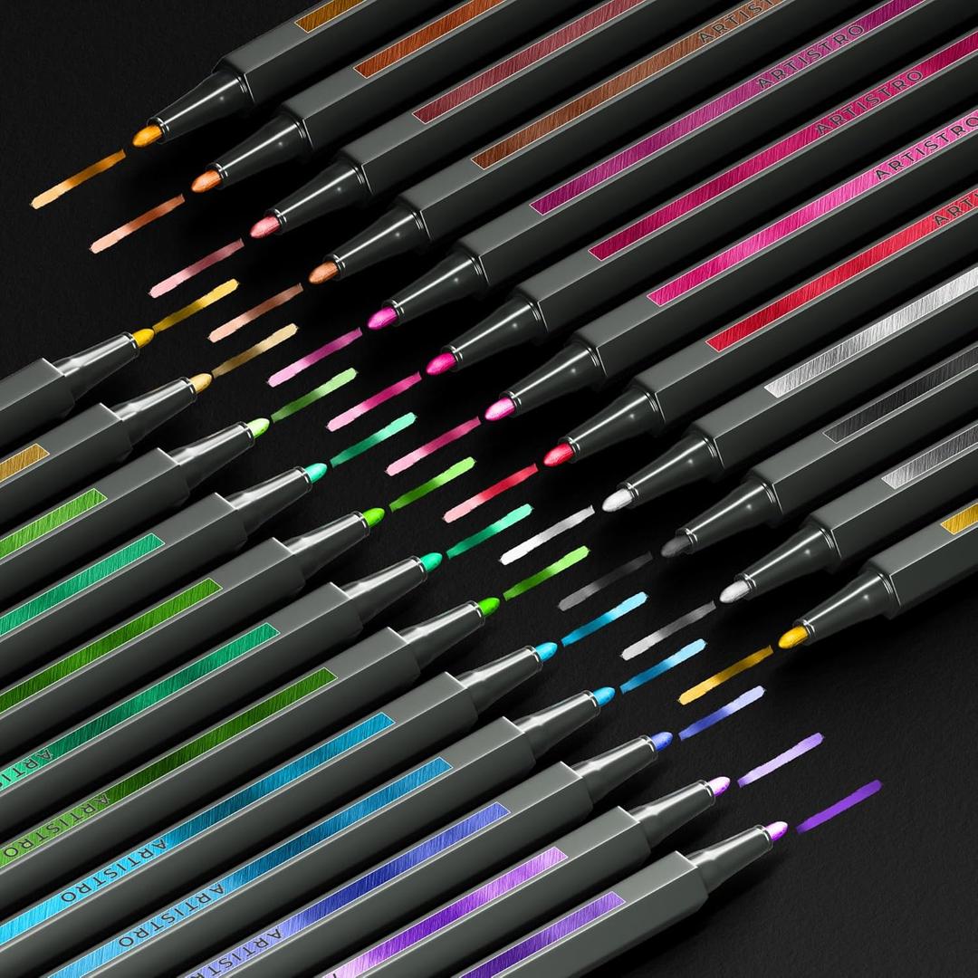 ARTISTRO 24 Metallic Markers with Fine Tip, Metallic Acrylic Paint Markers, Paint Pens Pre-Activated, Pens for Kids & Adults, for Black Paper, Rocks