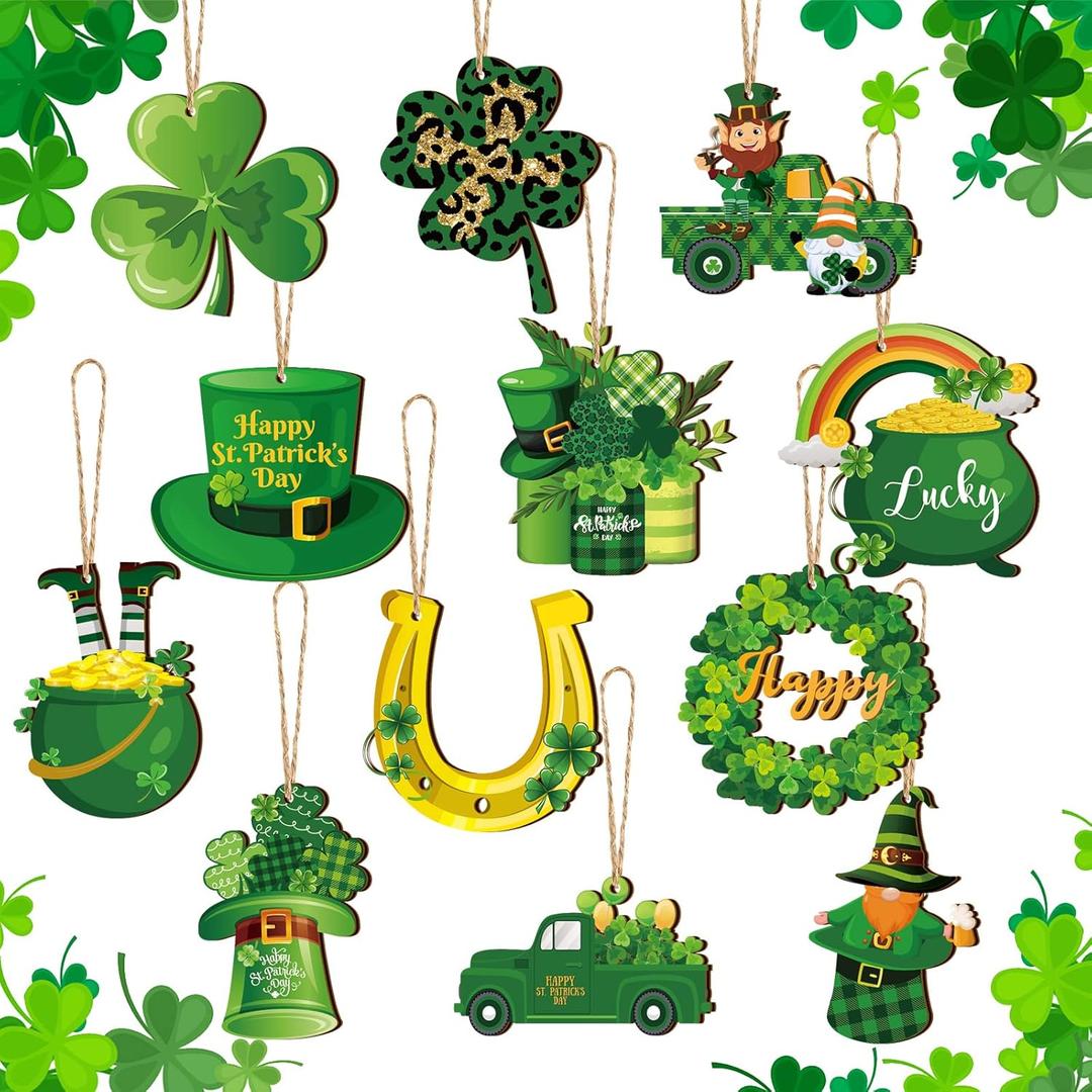 Sintuff 36 Pieces St. Patrick's Day Decorations Wooden Shamrock Ornaments for Tree St Patrick's Day Ornaments Irish Hanging Decorations for Party
