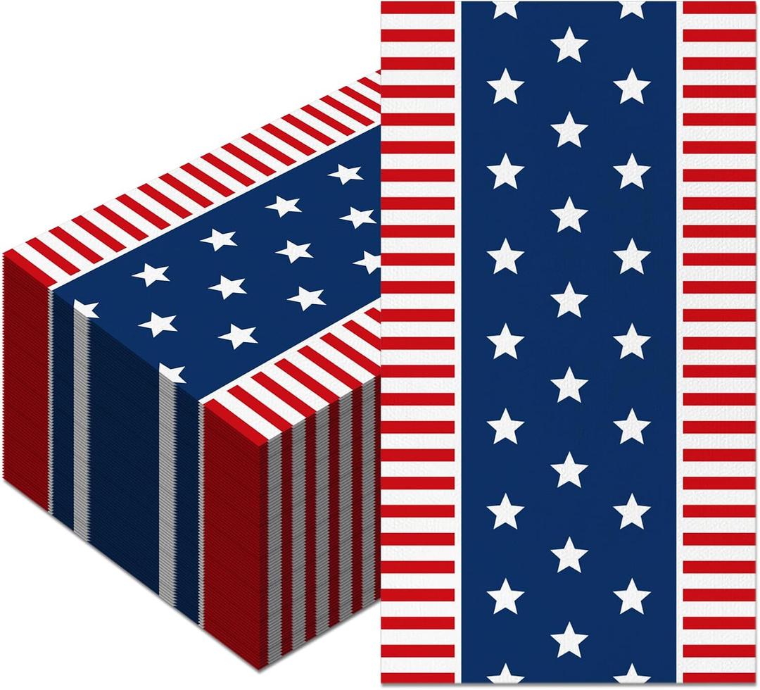 100Pcs 4th of July Guest Napkins Patriotic Napkins Red White and Blue Star Stripe Disposable Paper Guest Towels American Flag Design for Independence Day Dinner Kitchen Bathroom Decorative Towels