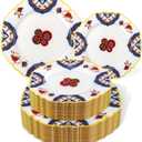 Morejoy 60pcs Vintage Bohemian Plastic Plates - White Plastic Plates Featuring Classic Blue and Russet Floral Design With Gradient Gold Rim, 10.25 Dinner & 7.5 Dessert Plates for Wedding & Party