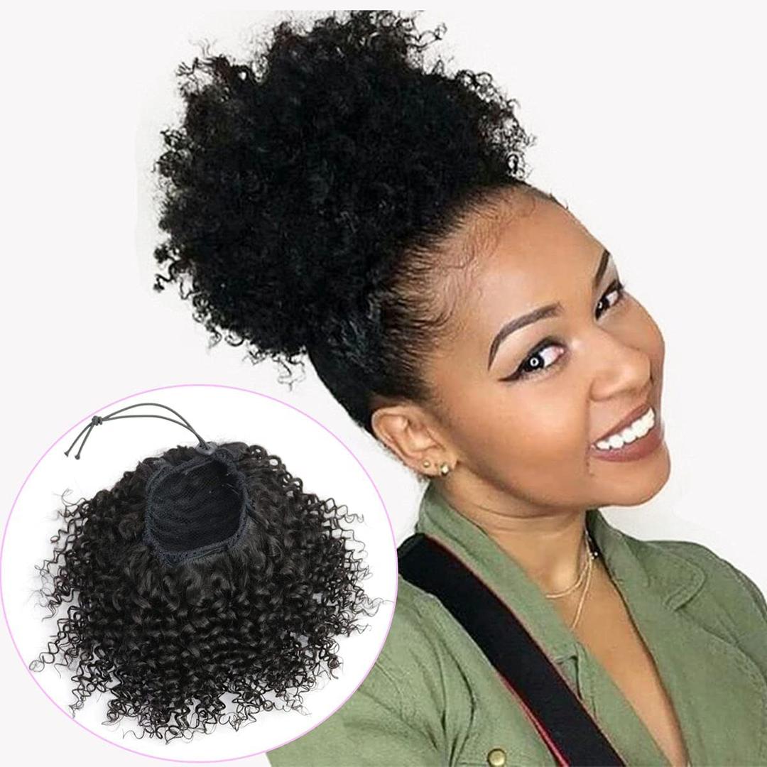 Natural Drawstring Ponytails Real Human Hair for African Black Women Girls Kids,short Afro Puffs Hair Buns Kinky Curly Hairpieces With 2 Stable Combs (8 Inch,#1B Natural Black)