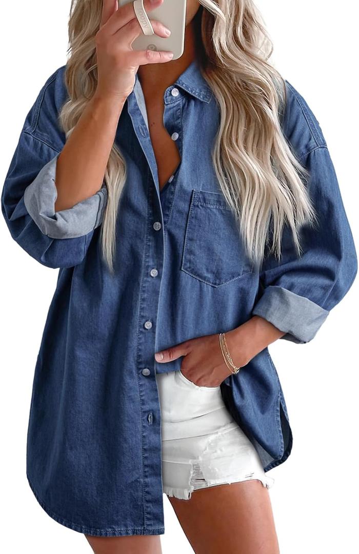 Astylish Women's Western Denim Shacket V Neck Button Down Chambray Shirt Oversized Long Sleeve Blouse Travel Top Navy Blue X-Large
