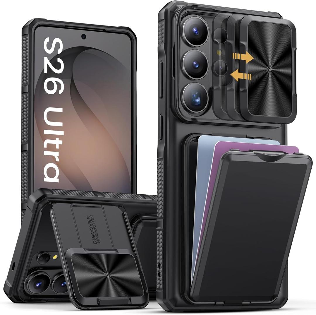 SSLOTSCASE for Samsung Galaxy S26 Ultra Case with Card Holder & Kickstand & Slide Camera Lens Cover & Camera Stand & Wallet, Military-Grade Drop Protection Phone Case Cover for S26 Ultra 2026, Black