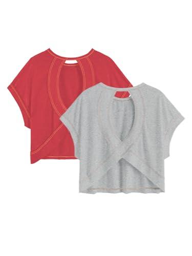RoseSeek Girl's 2 Packs Open Back Backless Tops Criss Cross Short Sleeve T Shirts Crewneck Casual Tees Grey and Red 14Y