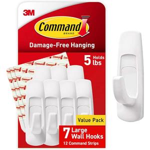 Command 5 lb Large Utility Hooks, 7 Wall Hooks and 12 Strips, Damage Free Hanging with Adhesive Strips, No Tools for Hanging, Organization and Storage