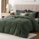 Bedsure Fluffy Duvet Cover Set - Ultra Soft Plush Shaggy Comforter Cover Queen Size, Warm Flannel Fleece Bed Sets for Winter, 3 Pieces (Striped Pattern, Green)