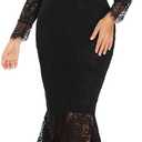 LALAGEN Women's Floral Lace Long Sleeve Off Shoulder Wedding Mermaid Dress (Black) S