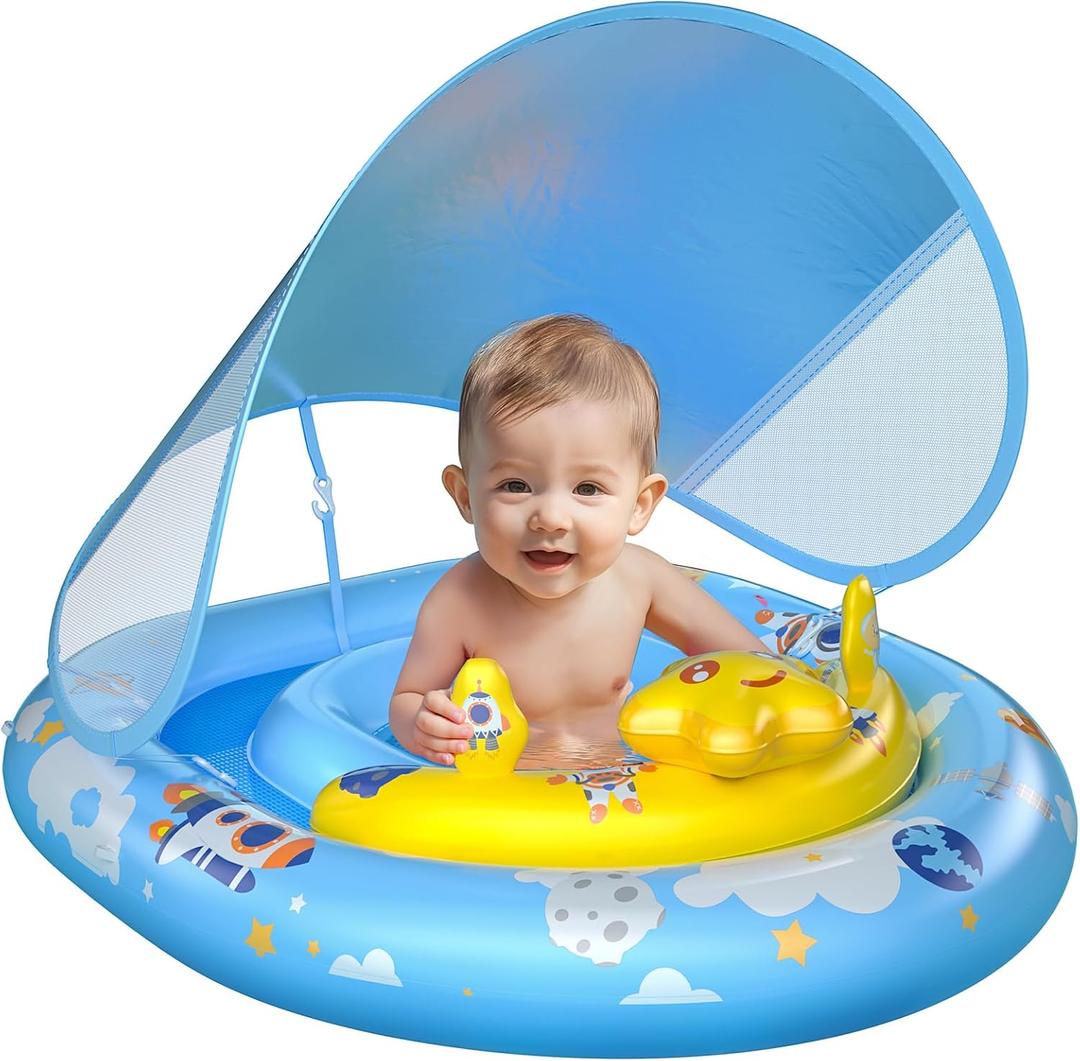 WayEee Baby Pool Float with UPF50+ Canopy - Inflatable Swim Float, Adjustable Safety Seat, Toy Play Console, Sun Protection for Baby 6-36 Months, Infant, Todder Summer Gift, Pool, Bathtub, Beach (Blue)