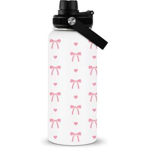 Pink Bow Water Bottle 32 Oz, Stainless Steel Christmas Bow Water Bottle, Pink Bows Insulated Cup, Birthday Christmas Gifts For Women Sister Best Friends, Xmas Insulated Cup