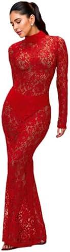 ZGMYC Women's Elegant Floral Lace Maxi Dress Sexy See Through Long Sleeve Evening Dress Party Cocktail Dress Beach Cover Ups,Color: Red Mock Neck, M