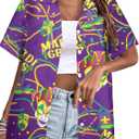 ALLTB Mardi Gras Outfit for Women Hawaii Shirts Carnival Themed Mask Tee Party Holiday T-Shirt Short Sleeve Button Down Top (Small)