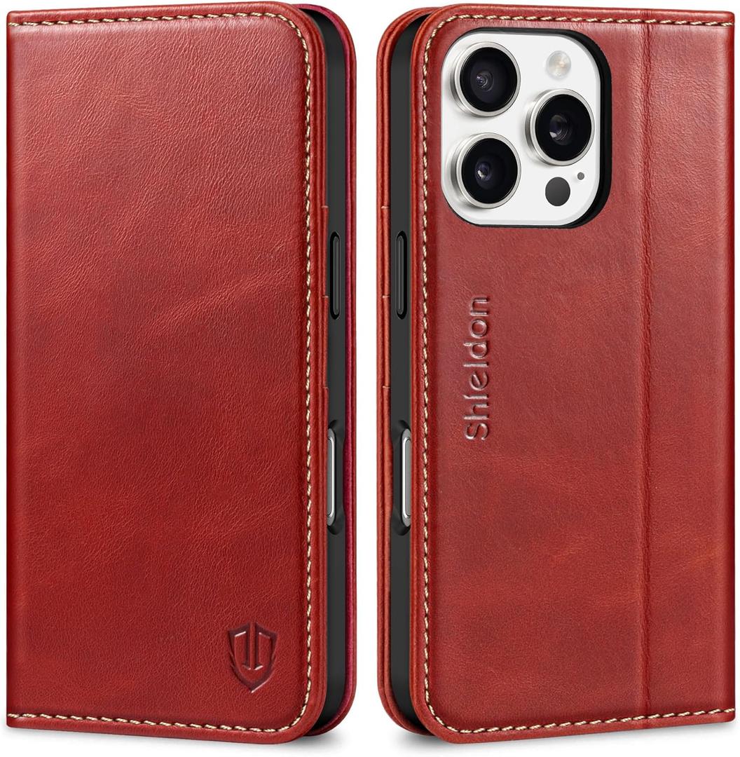 SHIELDON Wallet Case for iPhone 16 Pro 5G, Genuine Leather Magnetic Book Cover RFID Blocking Card Holder Kickstand Shockproof Phone Case Men Women Compatible with iPhone 16 Pro 6.3" 2024 - Retro Red