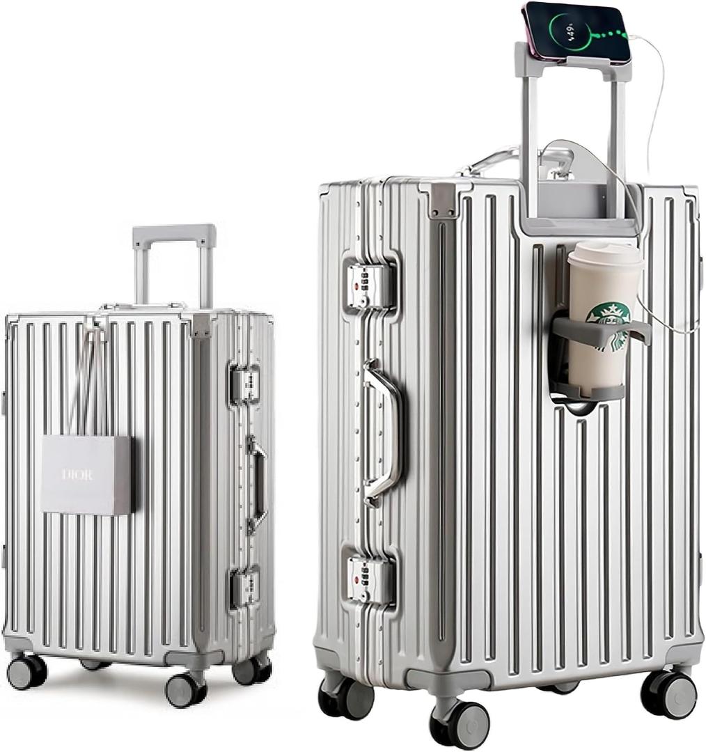 HotWay PC Hard Shell Checked Suitcase with Aluminum Frame, Luggage with Cup Holder and USB Port, Zipperless Luggage for Business Travel (Silver, Checked In 24Inch)