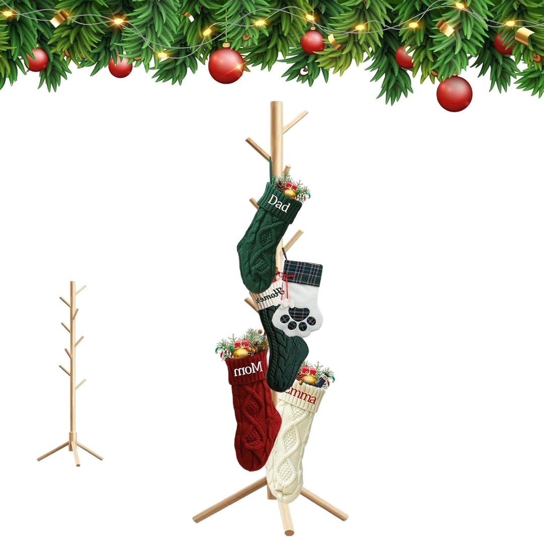 Christmas Stocking Holder Stand, Wooden Christmas Hangers Stand for Hanging Christmas Stocking, 8 Hooks Natural