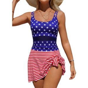 Womens One Piece Swim Dress Tummy Control Swimsuits Mesh American Flag Summer Beach Swim Tankini Bathing Suits (M)