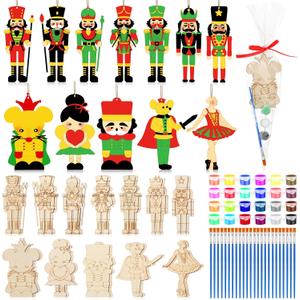 24 Set Christmas Wooden Nutcracker Painting Craft Kit DIY Blank Wooden Nutcracker Cutout Xmas Ornaments Unfinished Ballet Mouse King Walnut Soldier Craft Supplies Hanging for Xmas Tree
