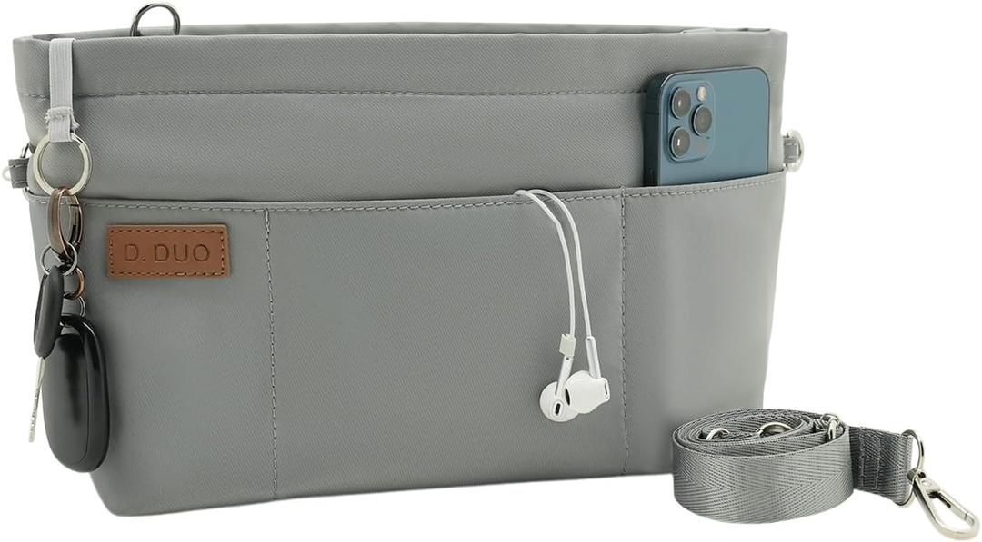 Bag Organizer Insert, Crossbody Bag, Tote Organizer Insert with Adjustable Bag Strap, Waterproof Nylon Purse Inserts (Gray, L)