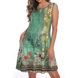 Summer Dresses for Women Casual Sleeveless Sundress Floral Loose Fit Beach Cover Up with Pocket (Small, Dark Sea Green)