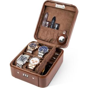 KAMIER Watch Case with Combination Lock - 4 Watch Storage and Jewelry Organizer - Watch Travel Case for Ring and Watch Storage, PU Leather Travel Watch Case, Ideal for Gift (With Gift Box), Brown