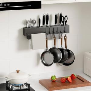 Stainless Steel Pot and Pan Hanger,Wall Mounted Pot Rack Kitchen Hanging Rail With S Hooks,Detachable Pans Hanging Rail Kitchen Lids Utensils Hanger, 15.7 Inch Wall Mounted Hanging Pot Rack