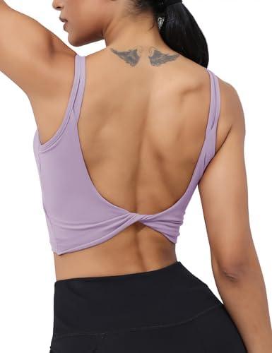 LUYAA Womens Workout Sports Bras Backless Padded Yoga Tank Tops Crop Twist Low Back Cami Bra for Gym, Size Medium