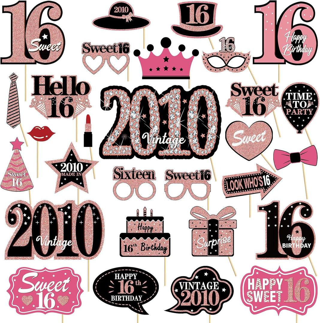 16th Birthday Decorations for Girls, Black Rose Gold Sweet 16 Photo Booth Props Sweet 16 Party Decorations Selfie Props Vintage 2010 Sixteen Centerpiece Sticks Happy 16th Birthday Party Supplies Sign