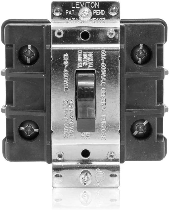 Leviton 60 Amp, 600 Volt, 2-Pole, Single-Phase Single Throw AC Manual Motor Controller, MS602-FW, Black
