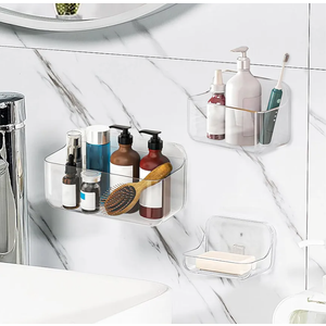 Diesisa 3pc Acrylic Wall Mount Organizer, Adhesive Clear Shower Caddies,Acrylic Soap Basket for wall,No Drilling Hang Walls,with Self Adhesive Tape, for Bathroom, Kitchen, Living Room