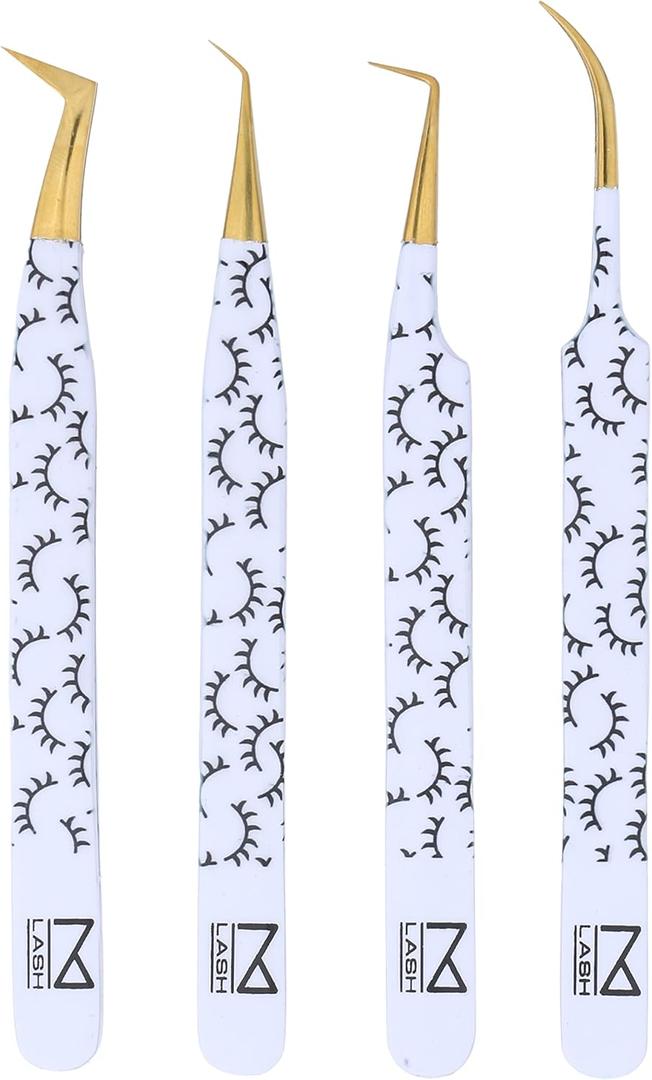 M LASH Tweezers for Eyelash Extensions (Set of 4) - Professional Lash Extension Tweezers - Fiber Tip, Japanese Steel, Diamond Grip Eyelash Extension Tweezer set (WL)