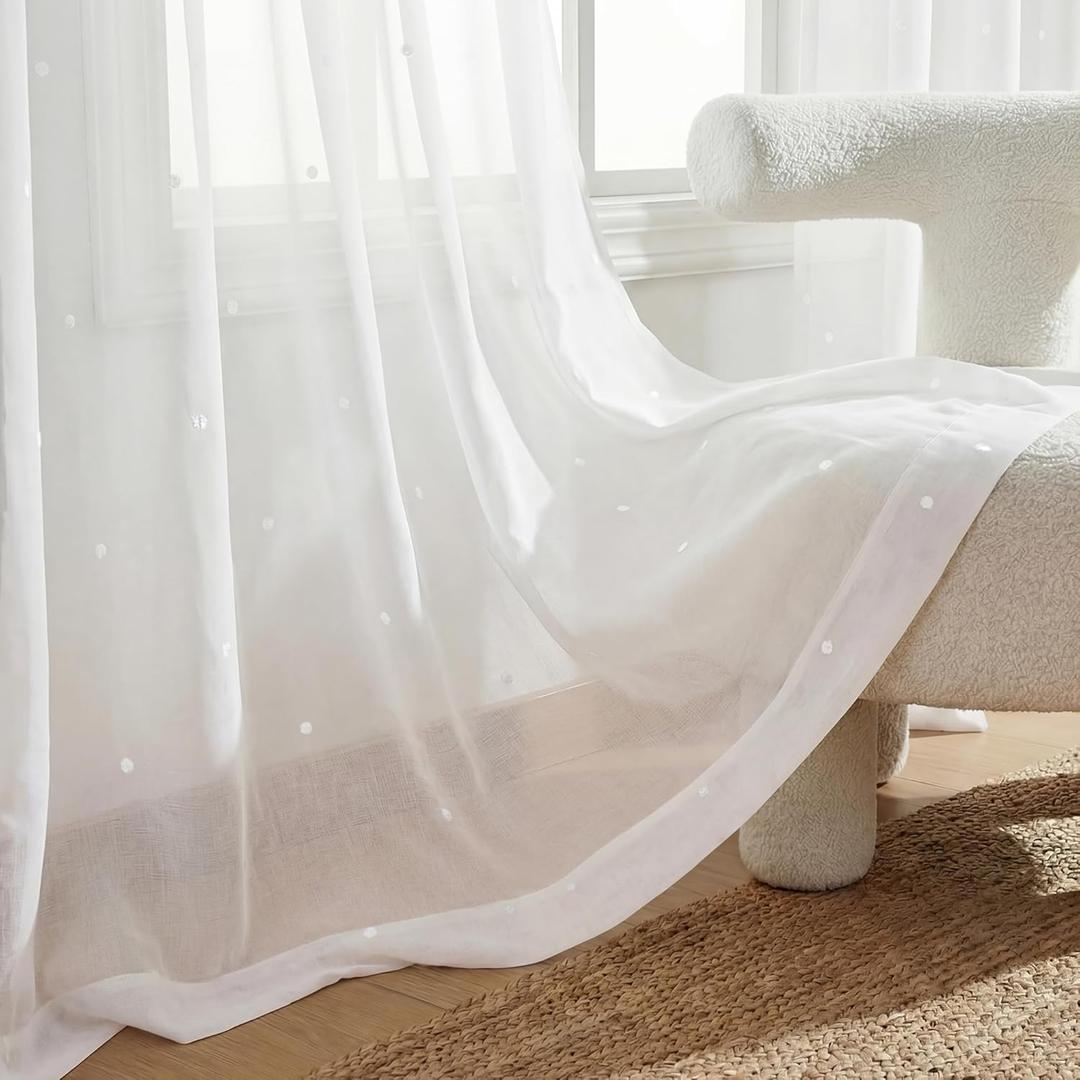 Deconovo Embroidered White Sheer Curtains for Bedroom, Grommet Top, Set of 2, 52W x 84L in per Panel, White Sheer Panels with White-on-White Mini Dots Embroidery