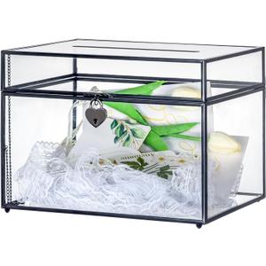 NCYP Large Wedding Glass Cards Box with Slot and Lock for Reception - 12x9.4x8.4 Inch - Keepsake Card, Envelope Holder - Birthdays Party Decor, Centerpiece, Black (Glass Box Only)