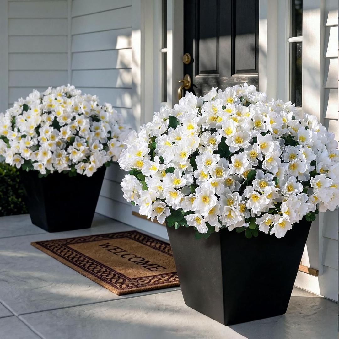 8 Bundles Artificial Camellia for Front Door Outside - Faux UV Resistant Real Looking Camellia Flowers Fake Silk Bouquets Plants for Garden Window Farmhouse Home Spring Summer Decor (White)