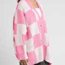 Saodimallsu Womens Checkered Sweater Color Block Plaid Oversized Cardigan Long Sleeve V Neck Button Down Knit Coats (Large, Pink)