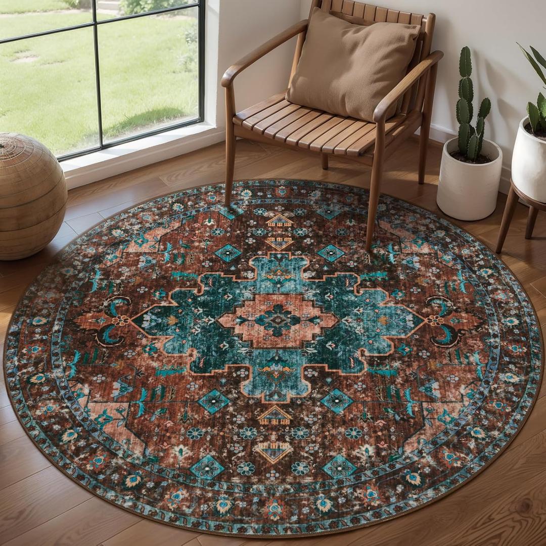 Ciicool Boho Area Rug 4x4ft Round Washable Bedroom Non-Slip Vintage Entryway Throw Low-Pile Indoor Carpet for Living Room Foyer(Brick Red/Dull Teal)